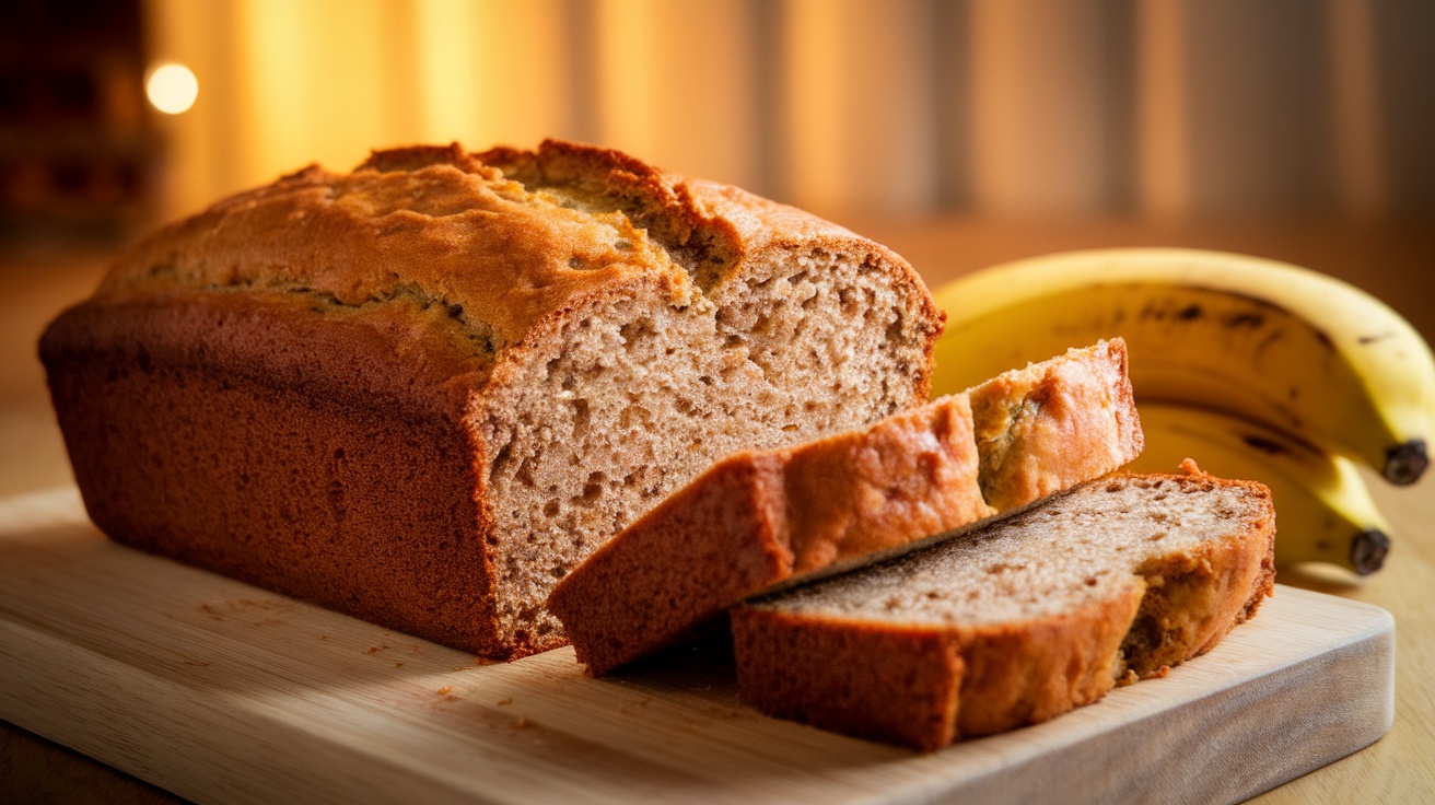 Sliced banana bread on a cutting board with ripe bananas in the background.